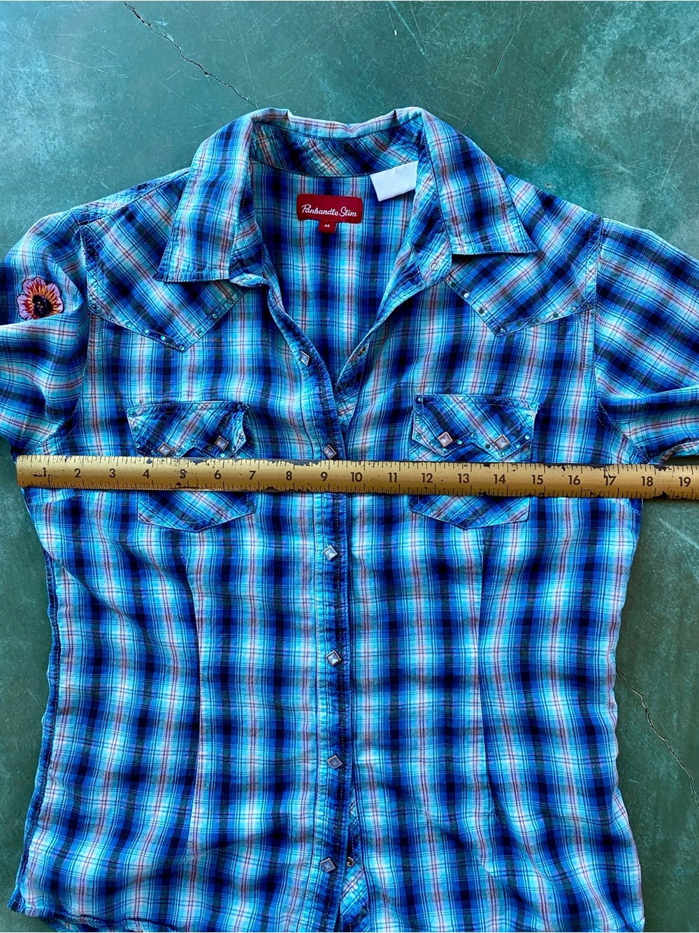 Panhandle Slim Blue Plaid Short-Sleeve Snap-Down Shirt - Picture 6 of 12